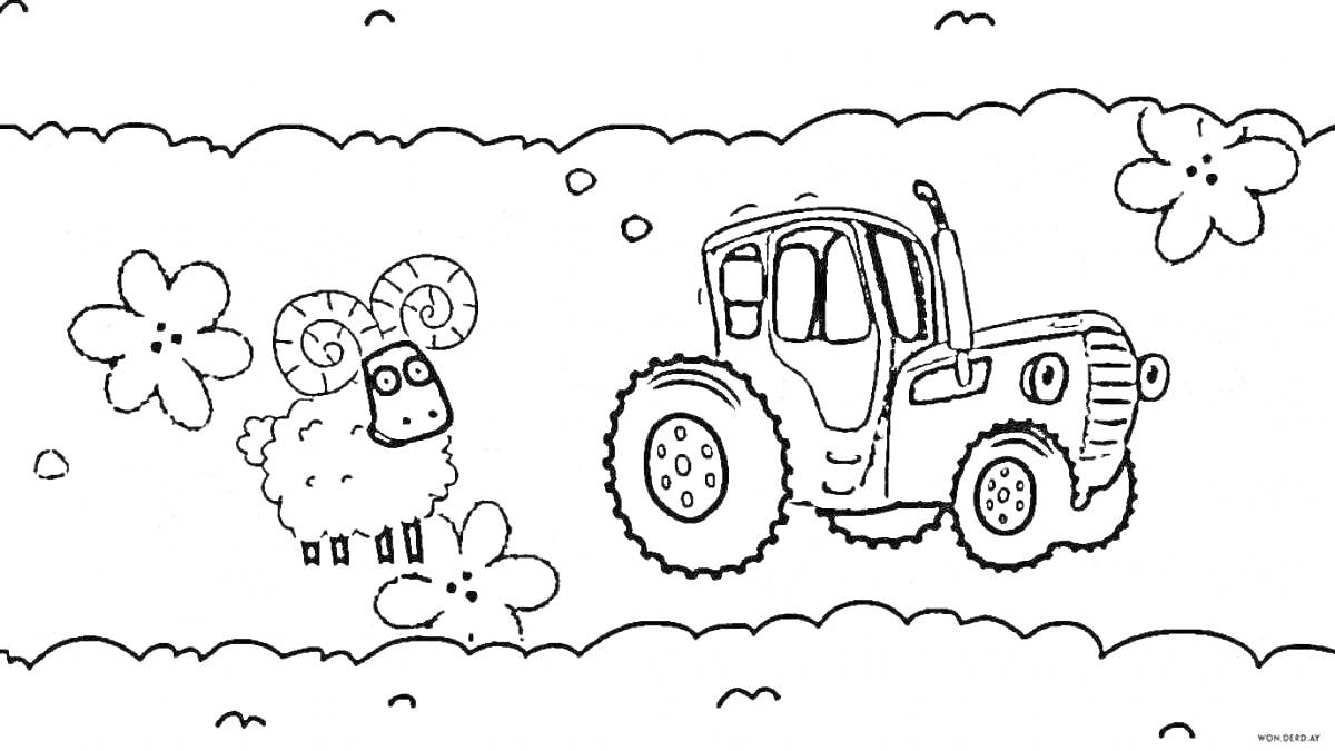 На раскраске изображено: Трактор, Баран, Цветы, Растения, Синий трактор, Сельское хозяйство