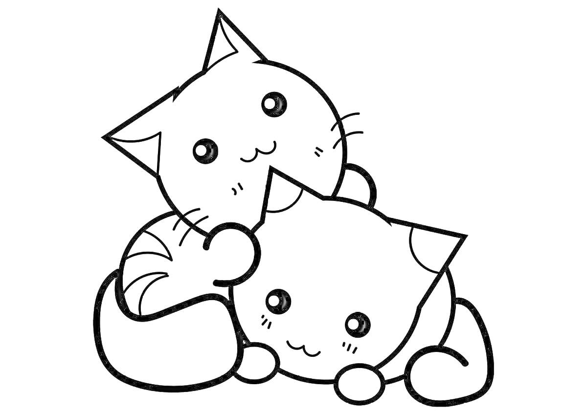 Раскраска Два милых котенка, обнимающиеся и лежащие вместе