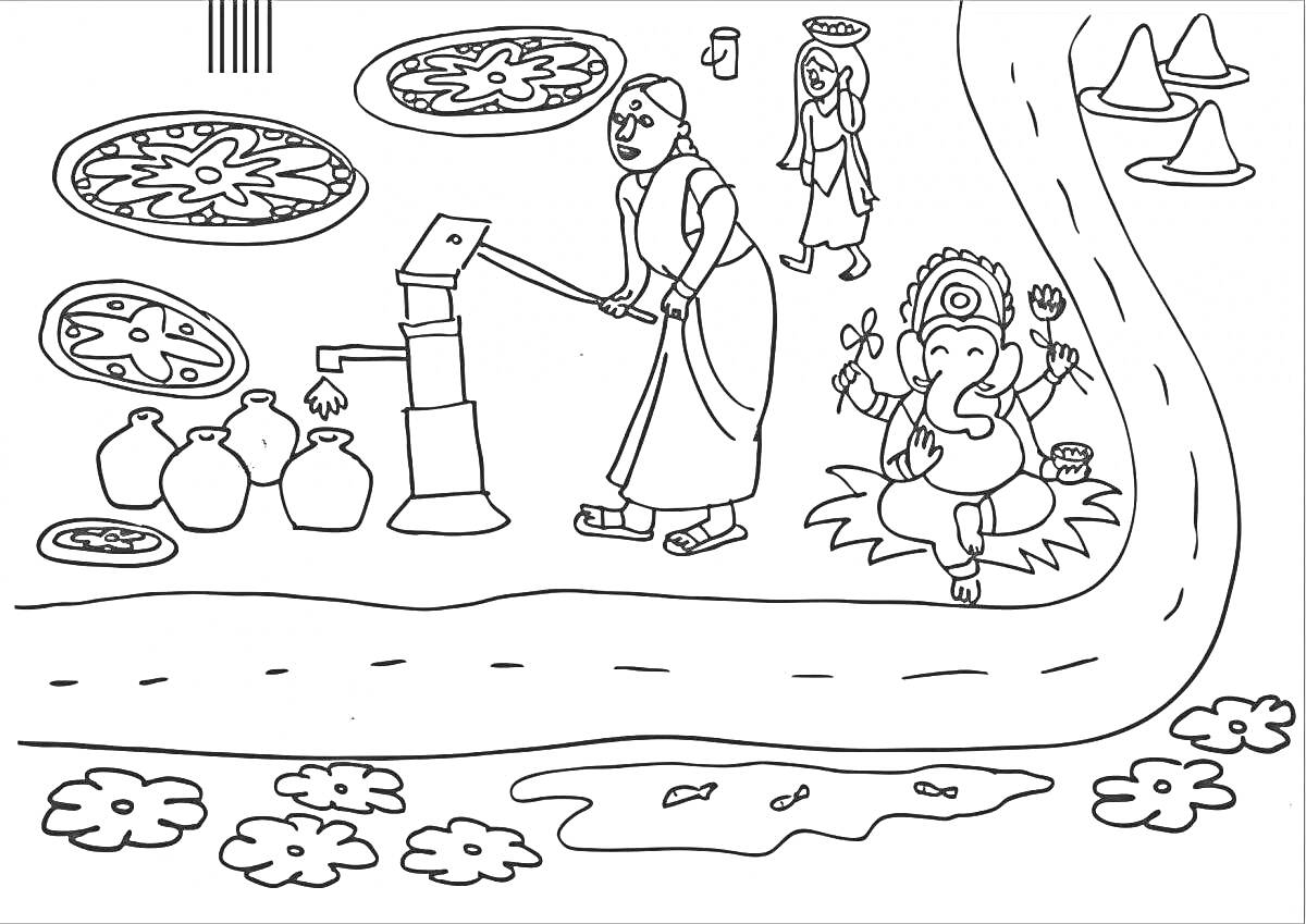 На раскраске изображено: Женщина, Колодец, Человек, Вода, Пруд, Цветы, Страх