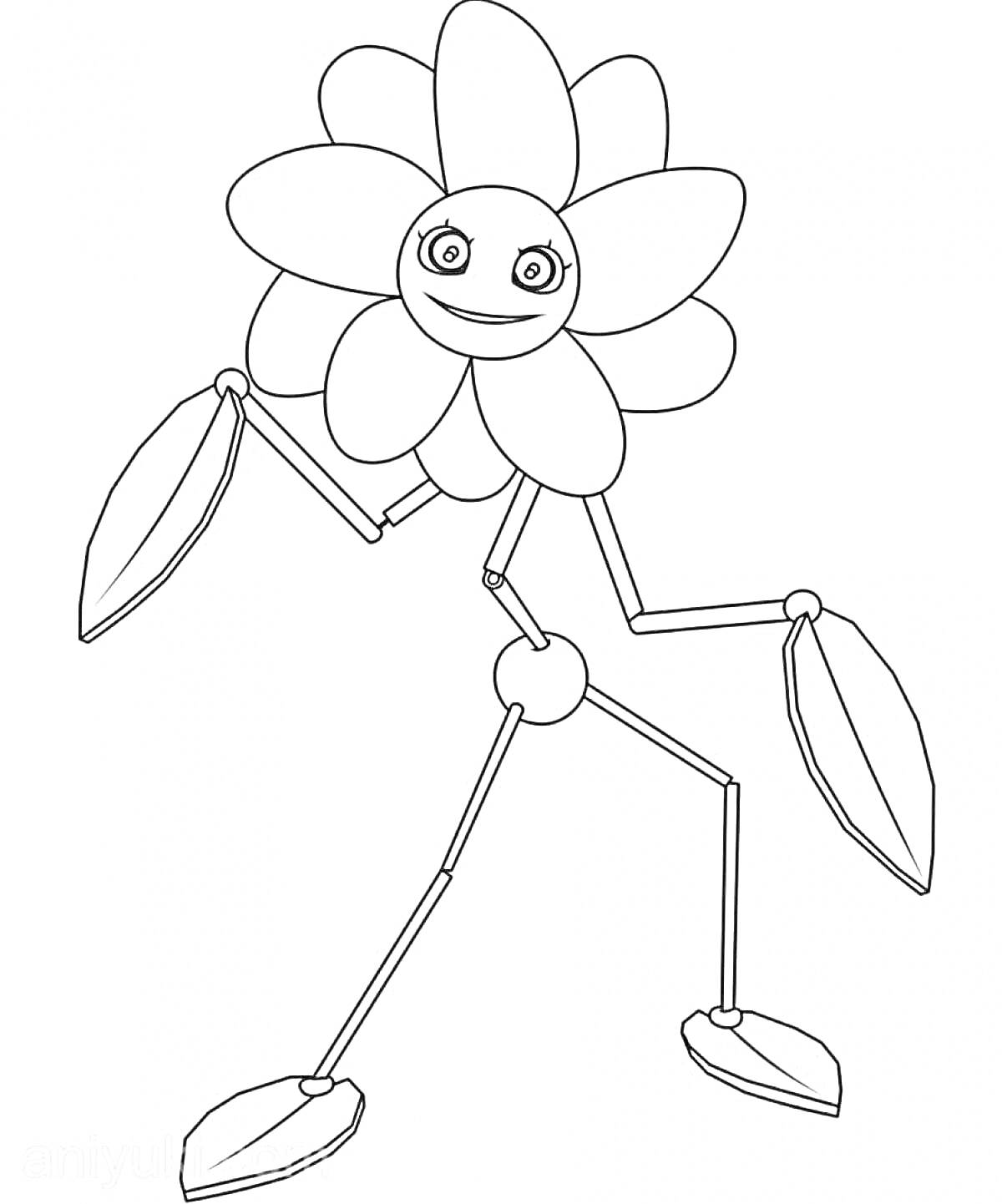 Раскраска Цветок с лицом из игры Poppy Playtime с длинными руками и ногами