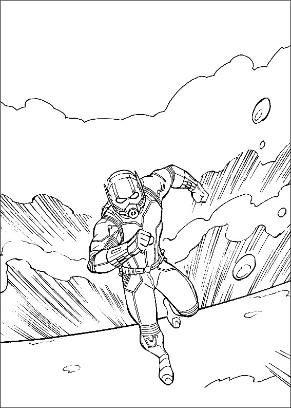 Раскраска Человек-муравей, бегущий по земле, фон с облаками