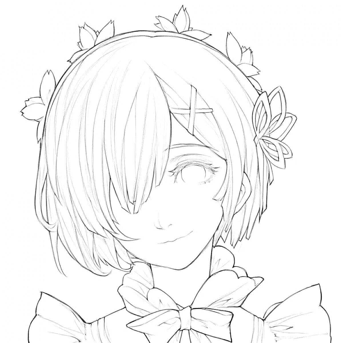 На раскраске изображено: Аниме, Волосы, Цветы, Бант, Платье