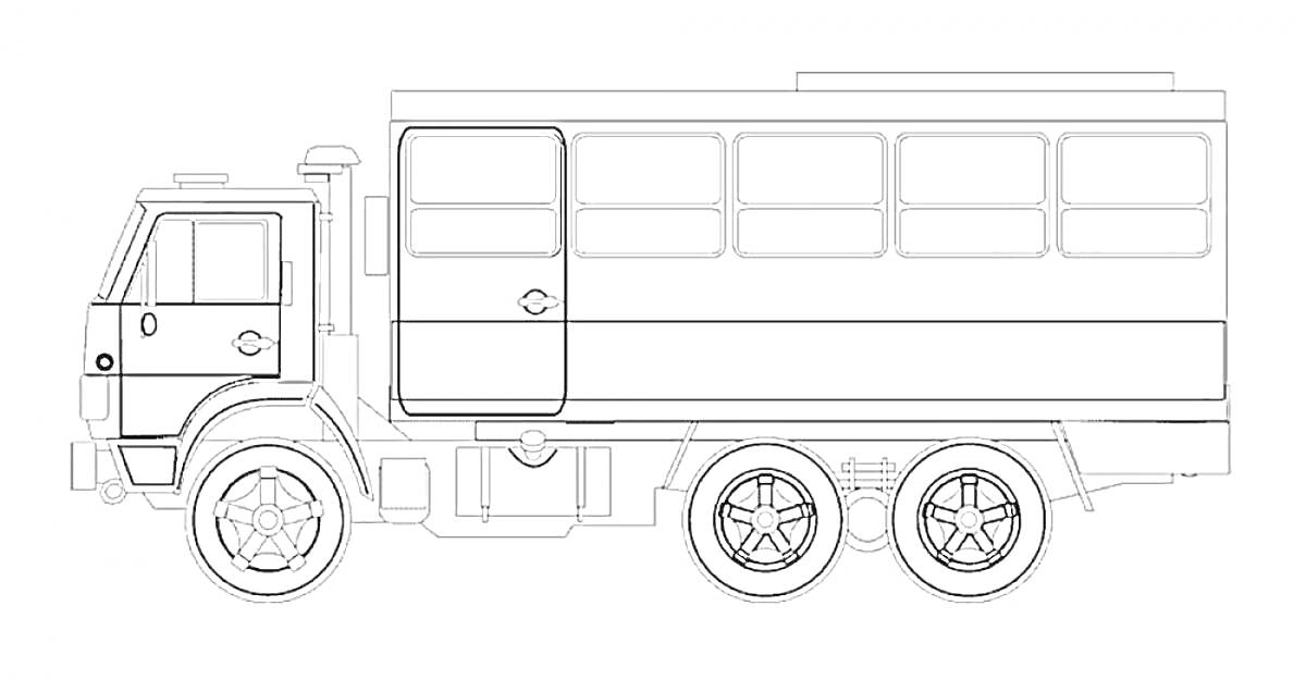 Раскраска Камаз с кузовом для пассажиров, вид сбоку с тремя колесными парами, двумя окошками на кабине и пятью окошками на кузове