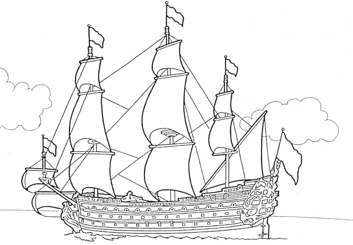 На раскраске изображено: Корабль, Море, Облака, Волны, Флаг, Парусники