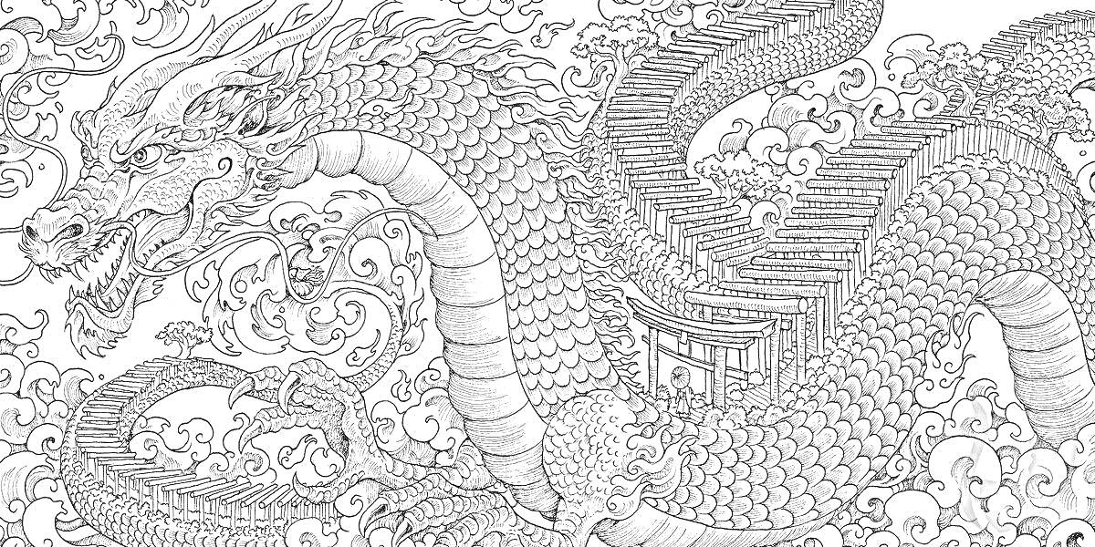 Раскраска Летающий дракон с лестницей и северными оленями на фоне облаков