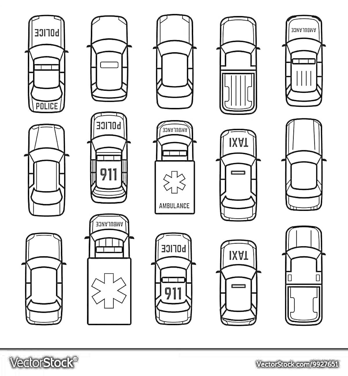 Раскраска Полицейские автомобили, автомобили скорой помощи и такси на парковке