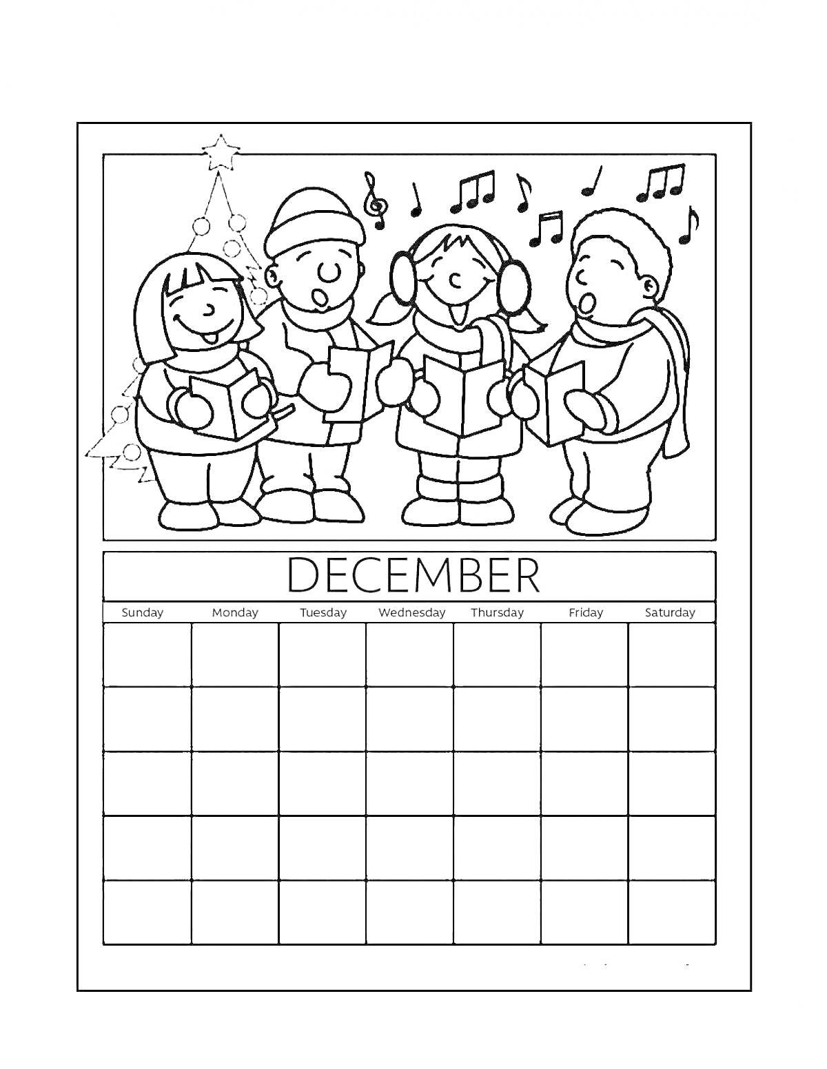 На раскраске изображено: Календарь, Декабрь, Рождество, Пение, Музыкальные ноты