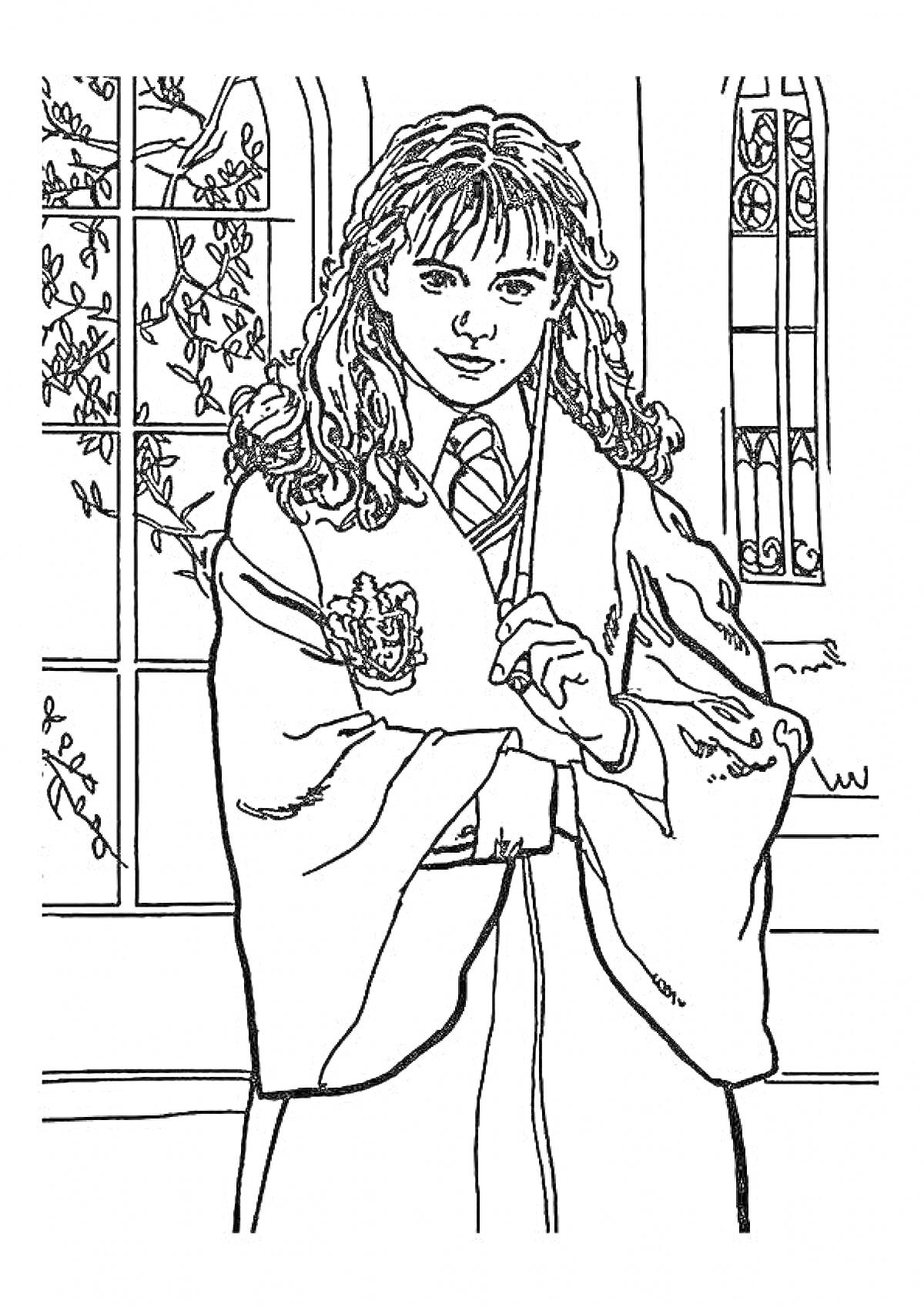 Раскраска Девочка с волшебной палочкой в школе магии около окна с растениями