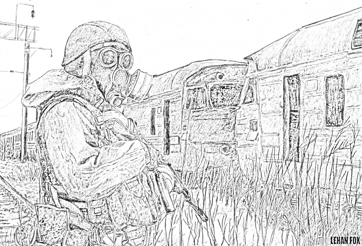 Раскраска Человек в противогазе и защитной одежде с оружием на заброшенной железной дороге возле ржавого поезда