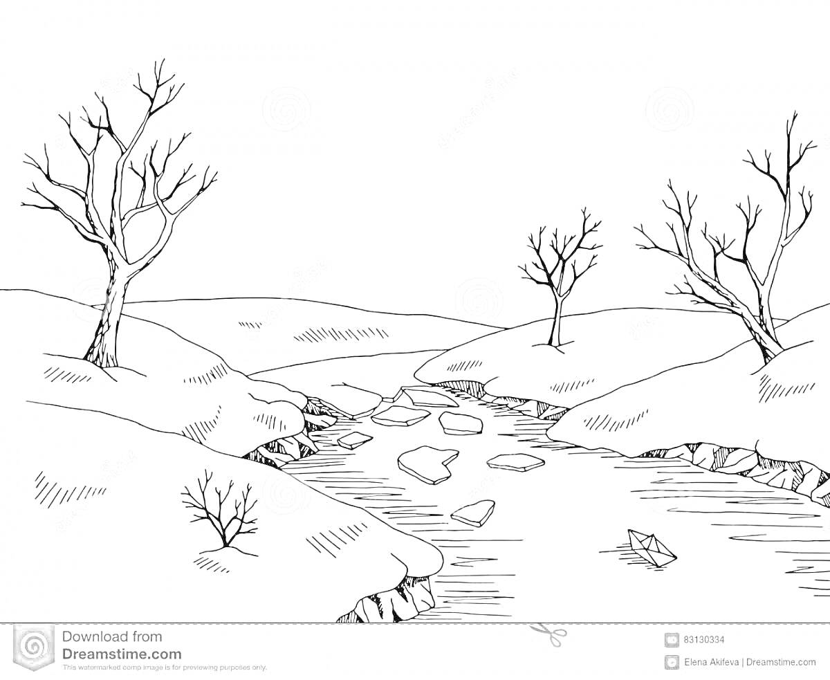Раскраска Зимний пейзаж с деревьями, ручьем и маленькой лодочкой