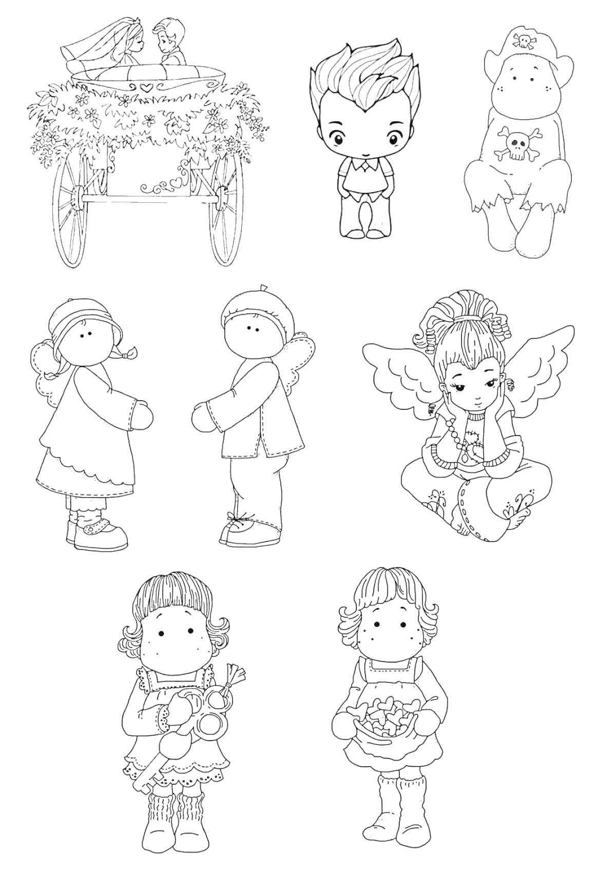 Раскраска Раскраска с изображением телеги, мальчика с прической, медвежонка, двух детей, ангела, девочки с куклой и девочки с цветами.