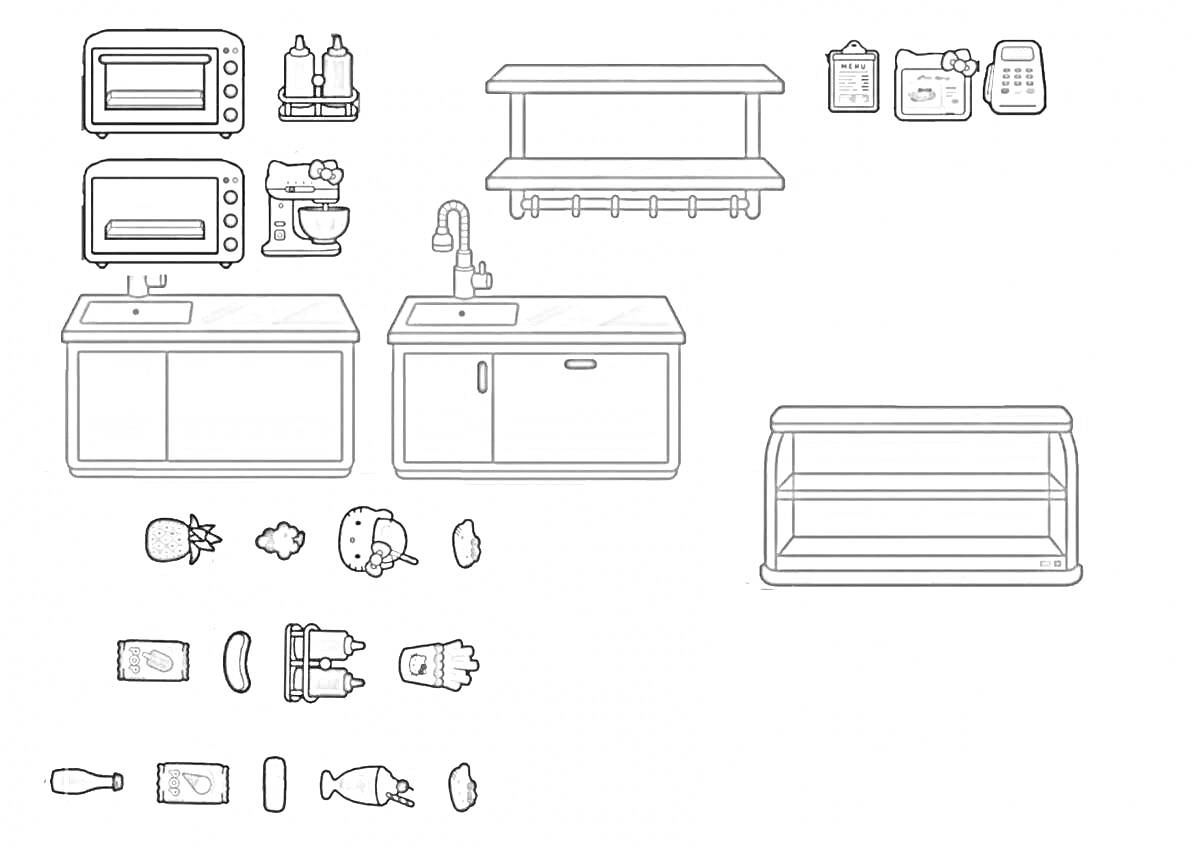 На раскраске изображено: Кухня, Мебель, Утварь, Раковина, Столешница, Тостер, Кофеварка, Кухонный комбайн, Специи, Бумажный домик