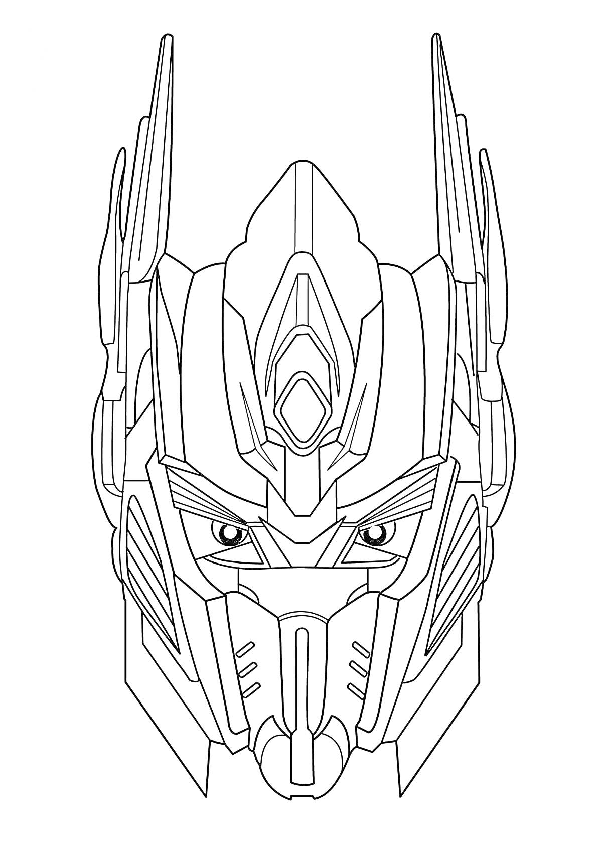 Раскраска Голова робота-трансформера с выраженными деталями и антенной