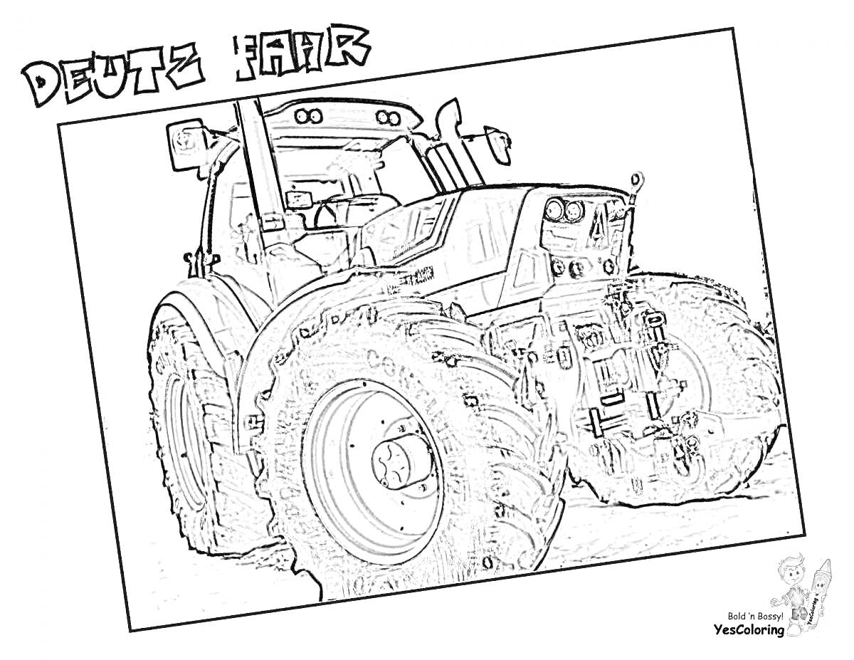 На раскраске изображено: Трактор, Сельскохозяйственная техника, Большие колеса, Техника, Ферма, Кабина водителя