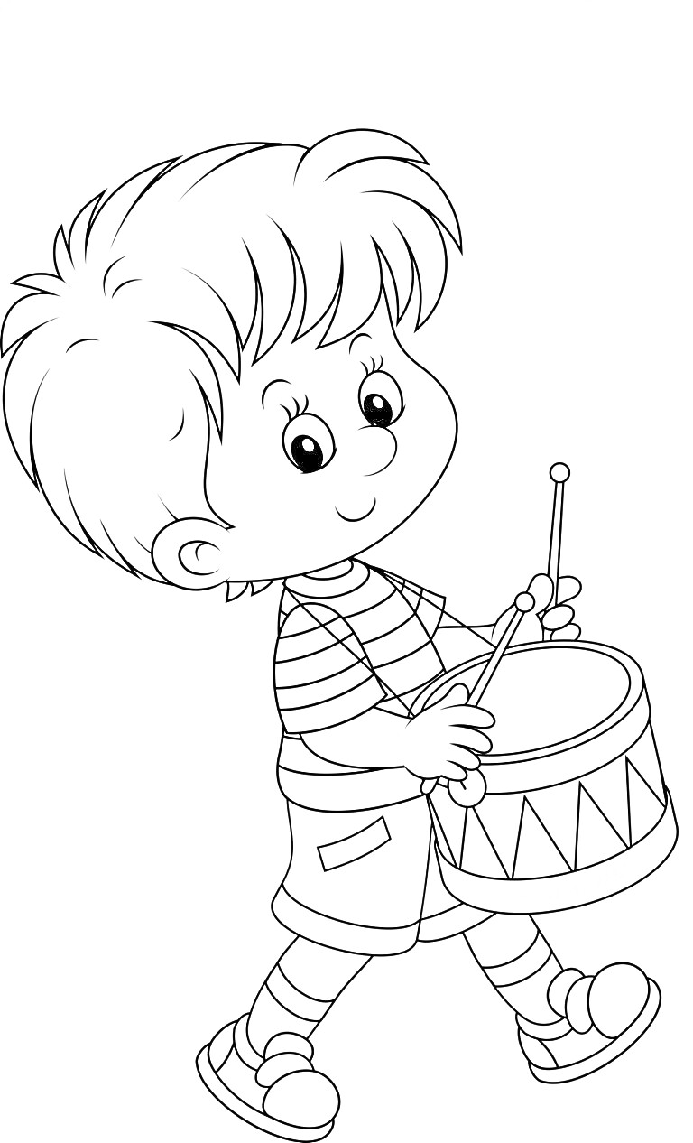 На раскраске изображено: Мальчик, Барабан, Музыкальный инструмент, Полосатая футболка, Обувь, Для детей, Палочка