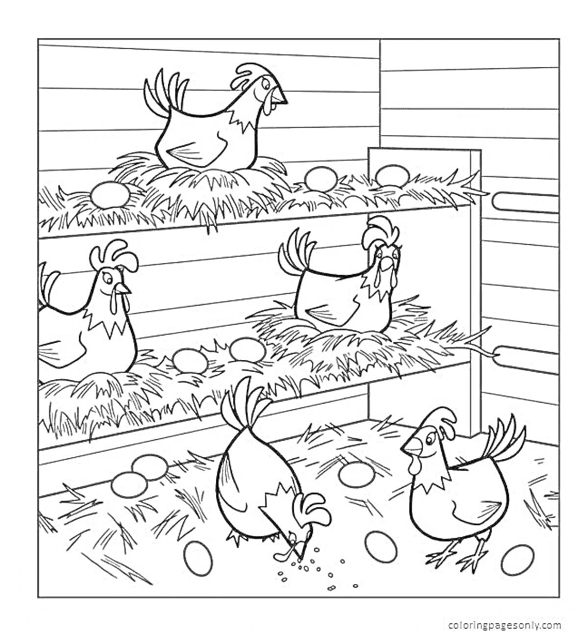 На раскраске изображено: Курятник, Яйца, Сено, Домашние птицы, Ферма, Гнездо, Корм, Курицы