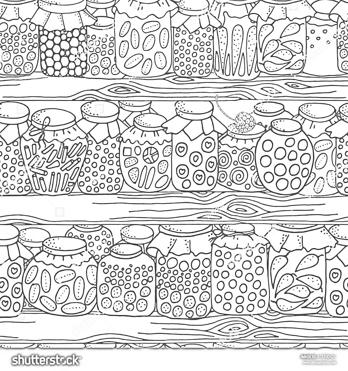Раскраска Банки с консервацией и овощами на полках в подвале