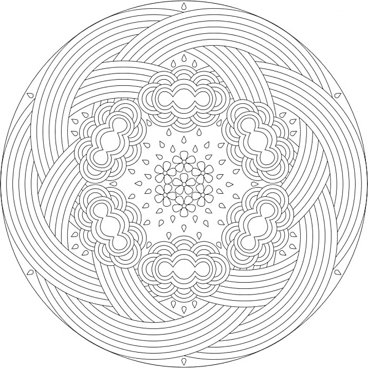 Раскраска круговая антистресс раскраска с переплетенными лентами, облаками и каплями