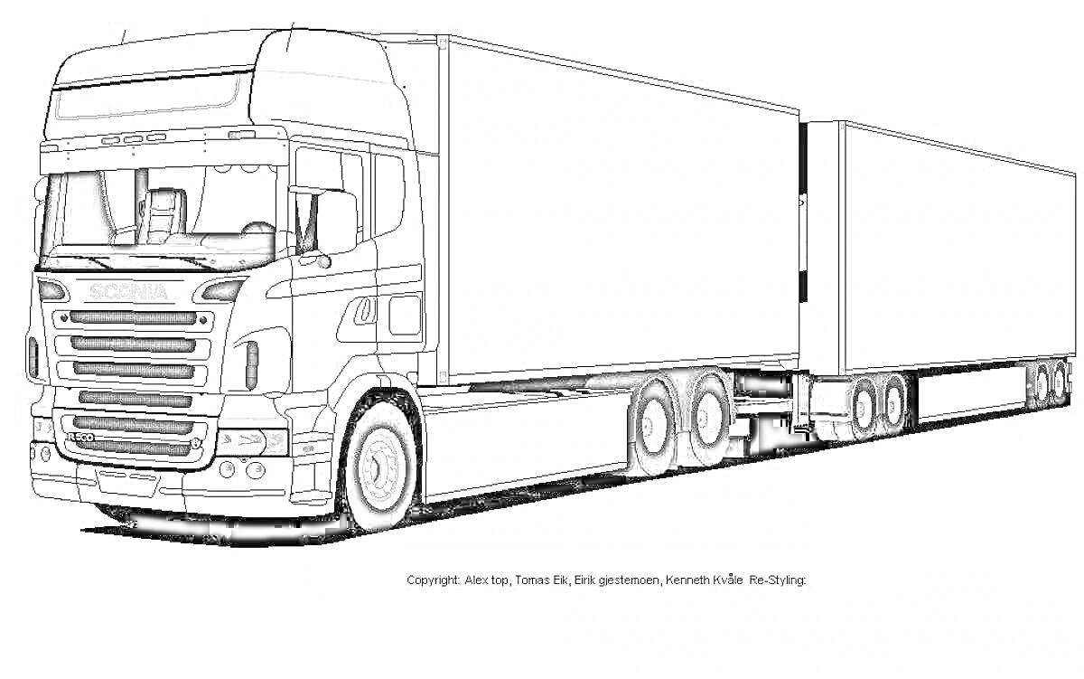 На раскраске изображено: Scania, Прицеп, Транспорт, Большие машины