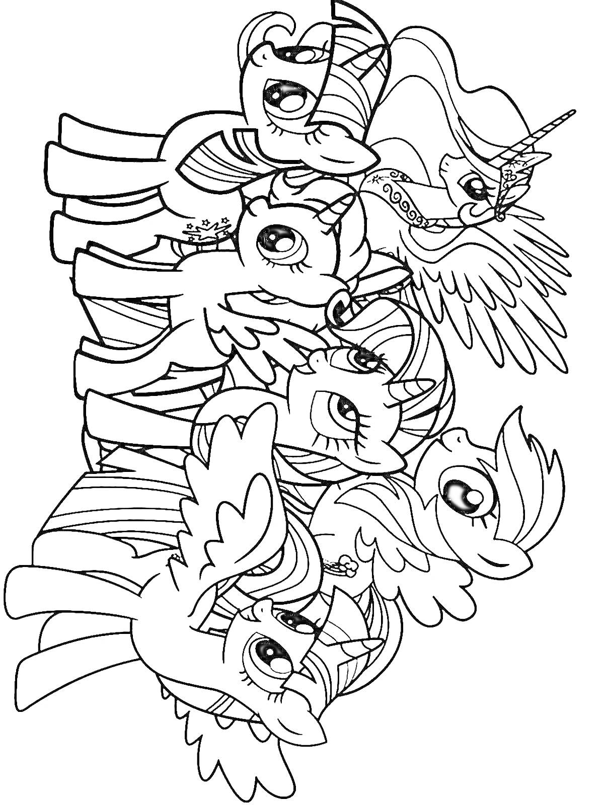 На раскраске изображено: Пони, Понивиль, Крылья, Рога, Дружба, Единороги