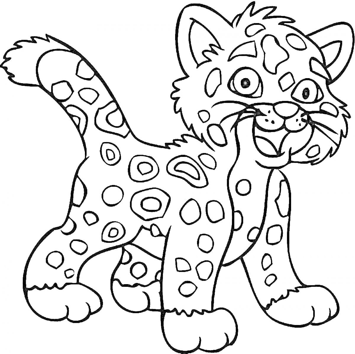 Раскраска Ягуар с пятнистой шерстью, улыбающийся, стоит с поднятым хвостом