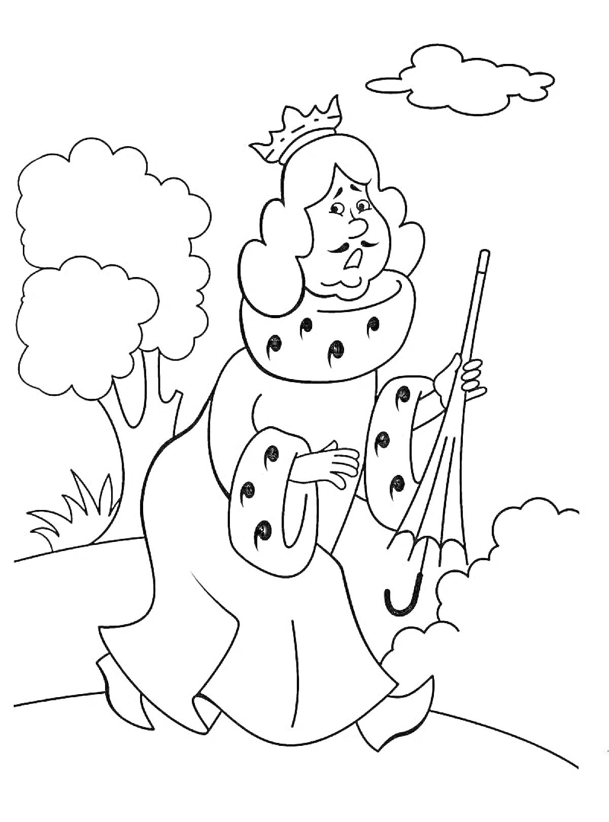 На раскраске изображено: Бременские музыканты, Принцесса, Зонт, Деревья