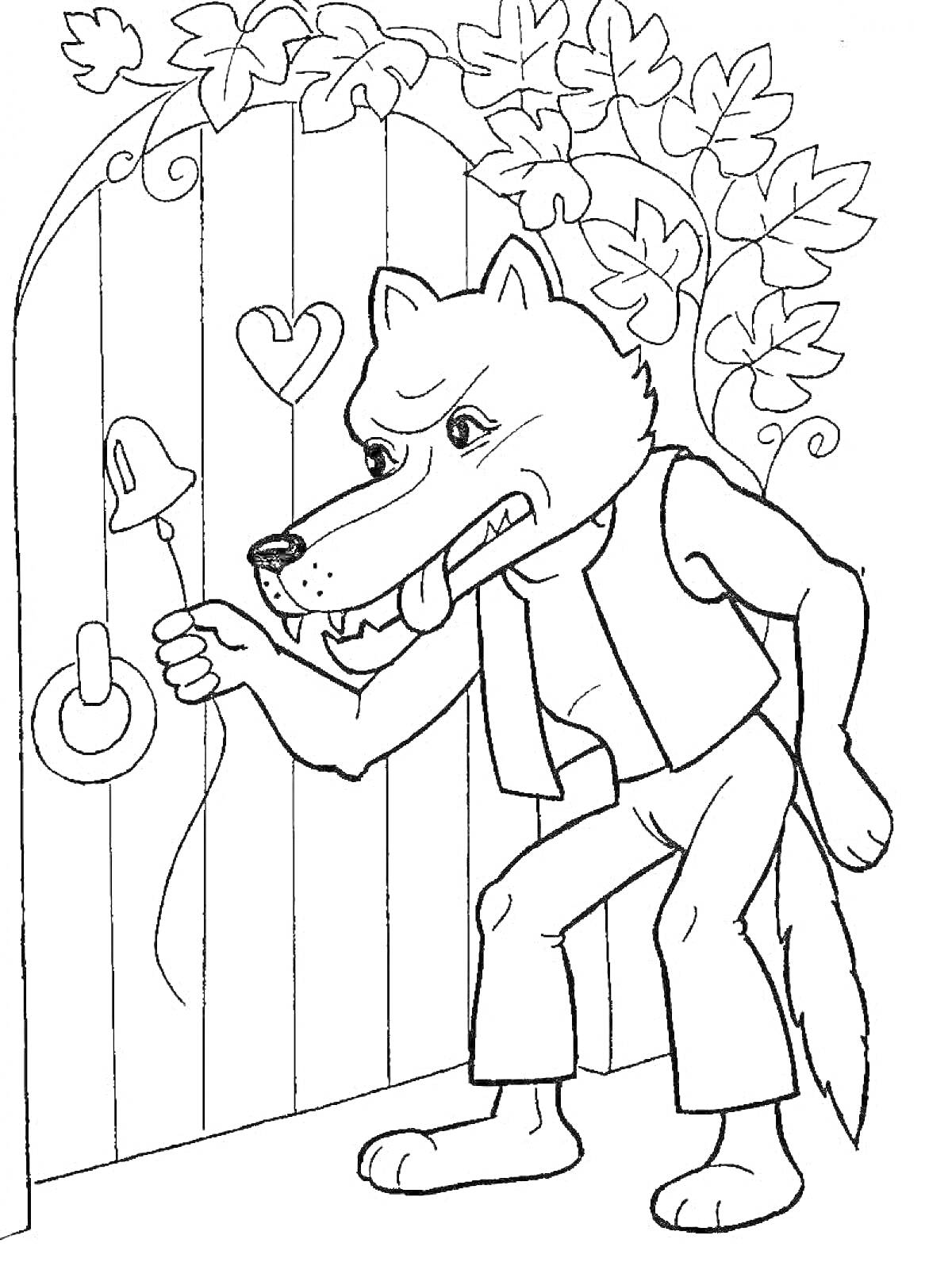 На раскраске изображено: Волк, Дверь, Колокольчик, Листья, Красная Шапочка
