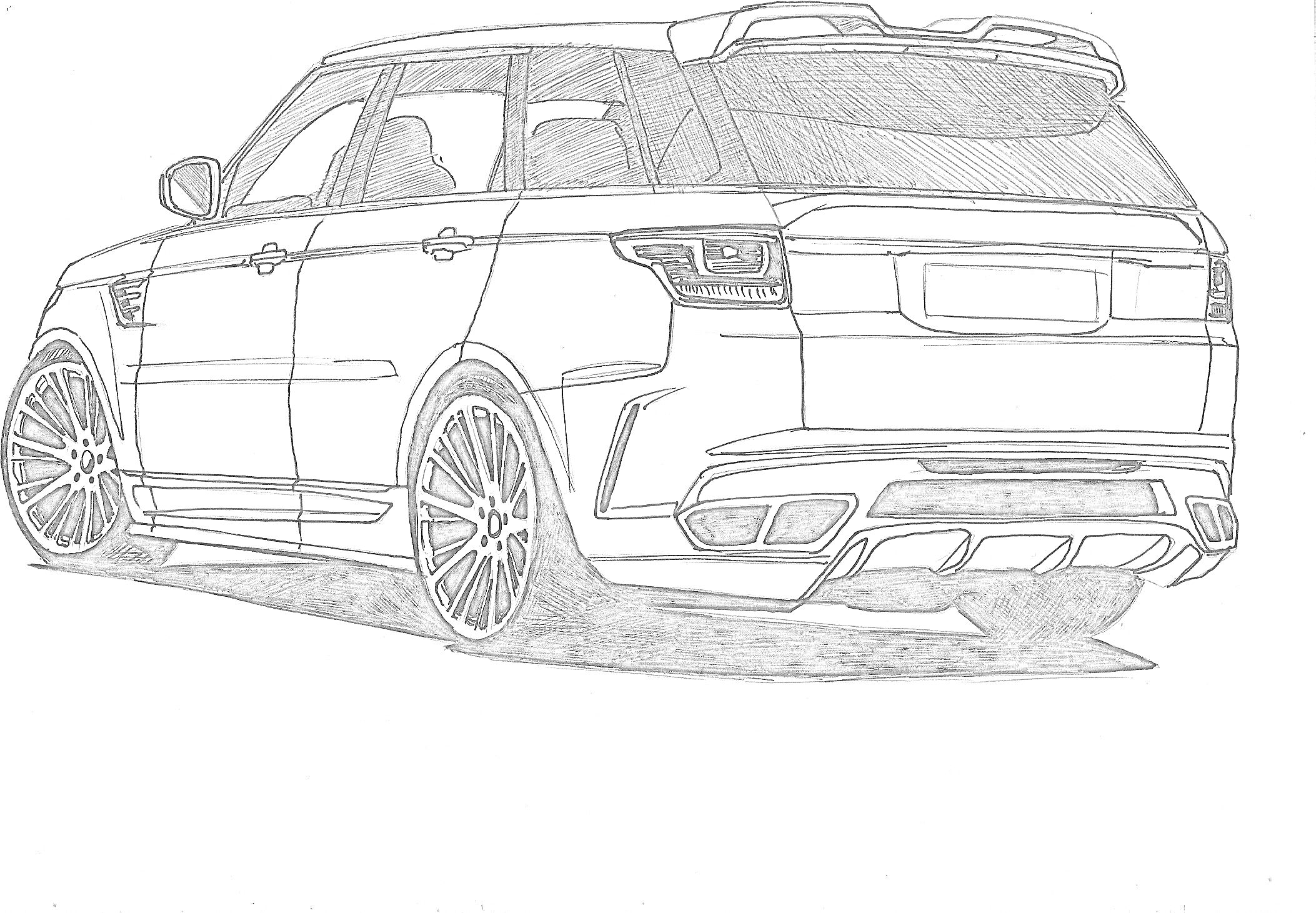 На раскраске изображено: Range Rover, Внедорожник, Без цвета, Шины, Окна, Детали машины