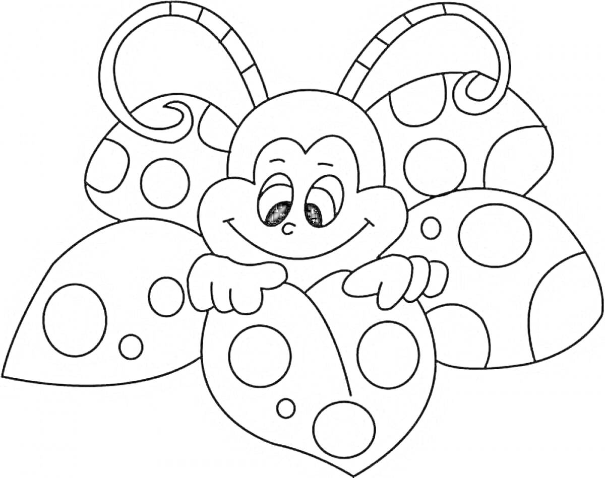 Раскраска Бабочка с улыбающимся лицом, с круглыми узорами на крыльях и лапками, держащими два передних крыла