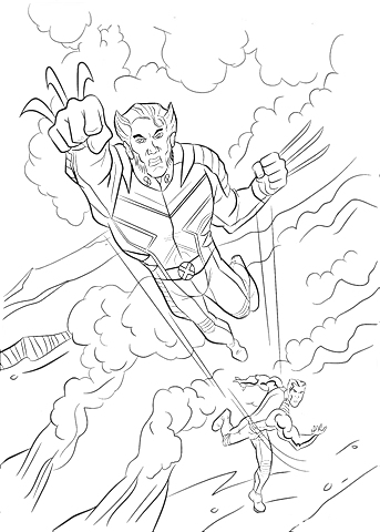 Раскраска Росомаха, летающий в облаках, и преследующий другого персонажа на горной местности