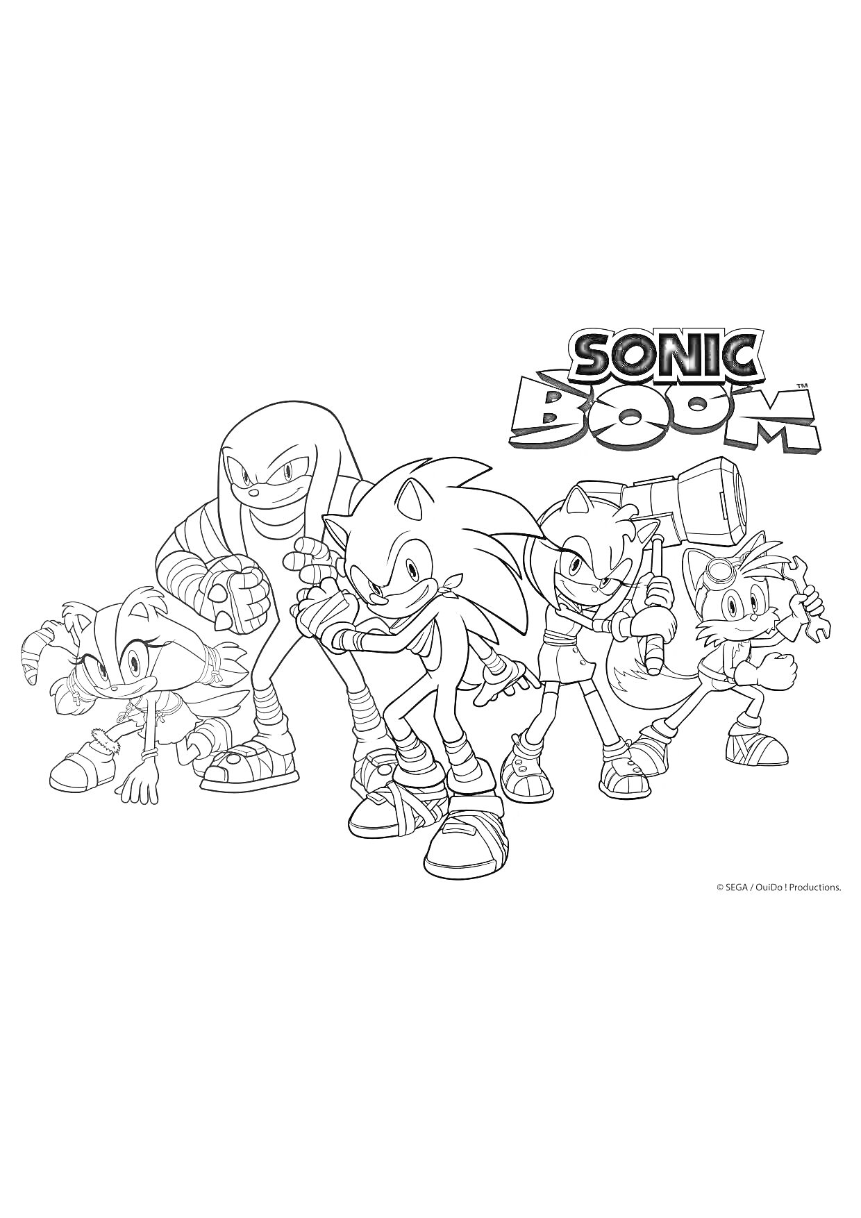 Раскраска Sonic Boom вся команда - Соник, Тейлз, Наклз, Эми, Стикс