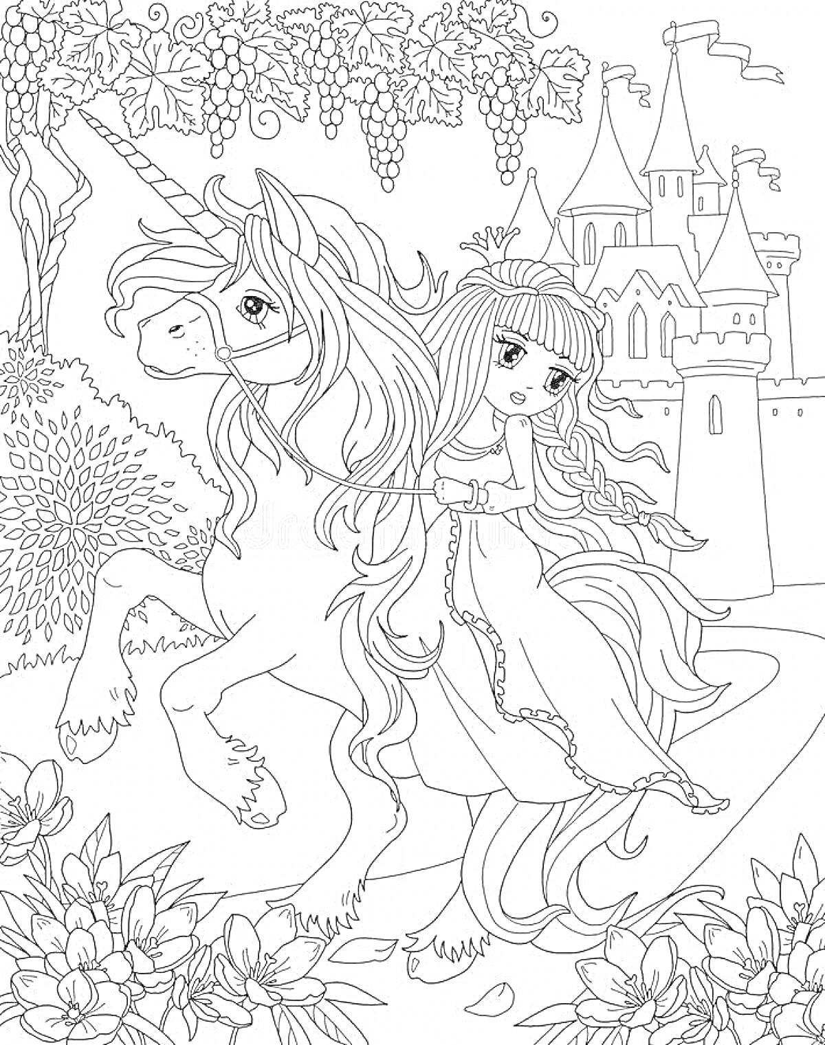 На раскраске изображено: Принцесса, Замок, Природа, Цветы, Лоза, Из сказок, Волшебство, Девочка, Лошадь, Фантазия, Животные, Единороги