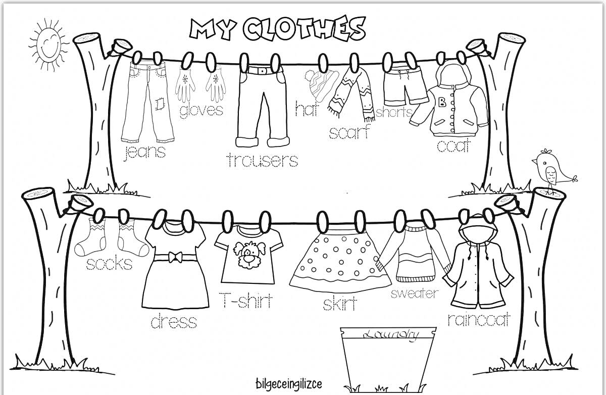 My Clothes (jeans, trousers, gloves, hat, scarf, mittens, coat, socks, dress, T-shirt, skirt, sweater, raincoat)