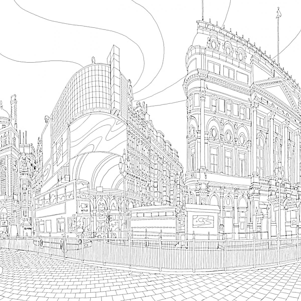 Раскраска Центральная улица города с высокими зданиями и витиеватыми линиями в небе