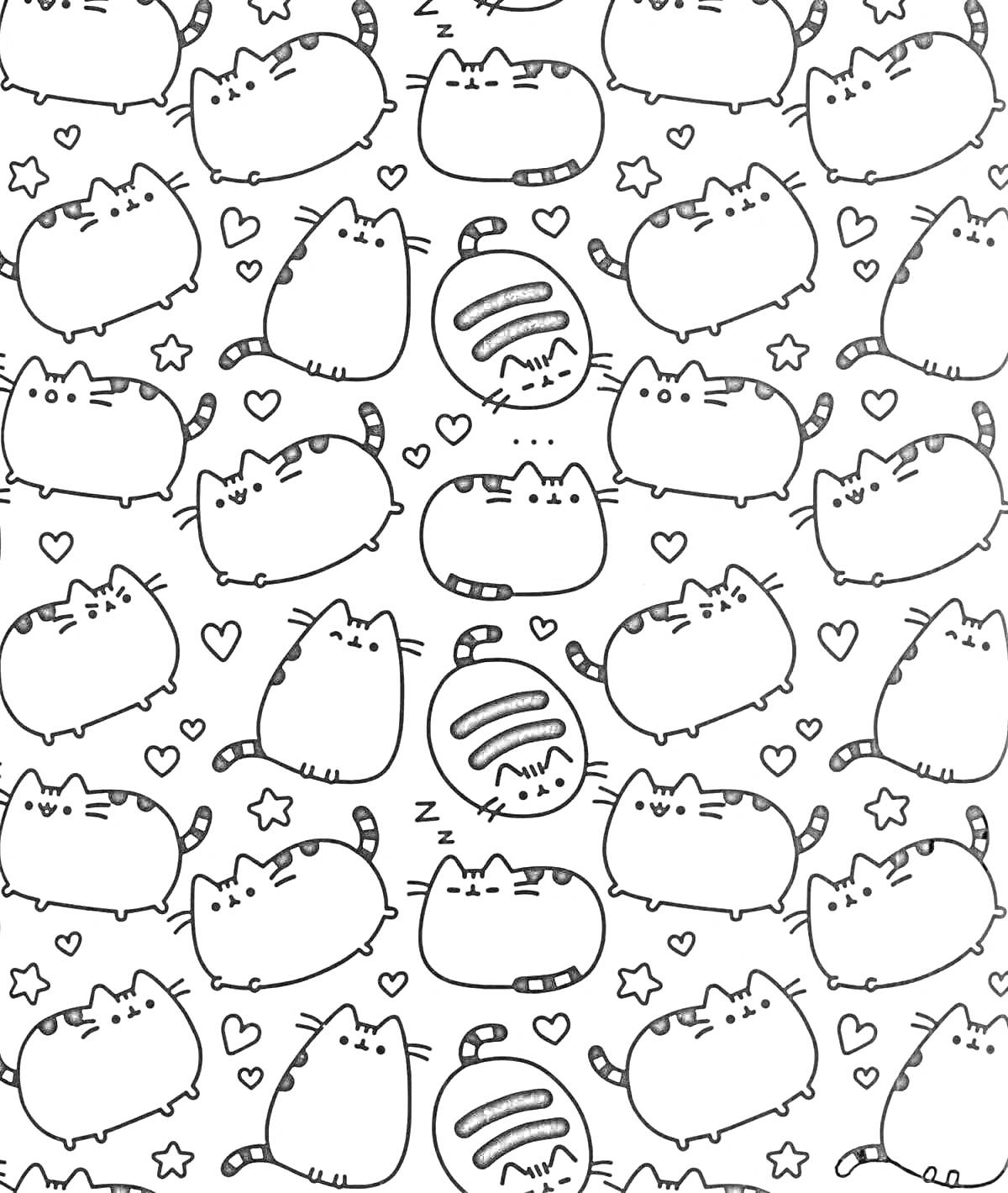Раскраска Множество котов Пушин с сердечками и звездами