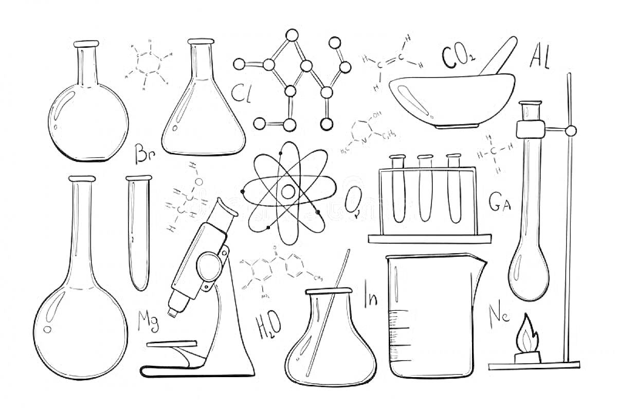 Раскраска Лаборатория с химической посудой и оборудованием (колбы, пробирки, пробиркодержатель, лабораторный штатив с пробирками, прибор Bunsen, пипетка, молекулярные формулы, атомный символ, микроскоп, химические символы элементов)