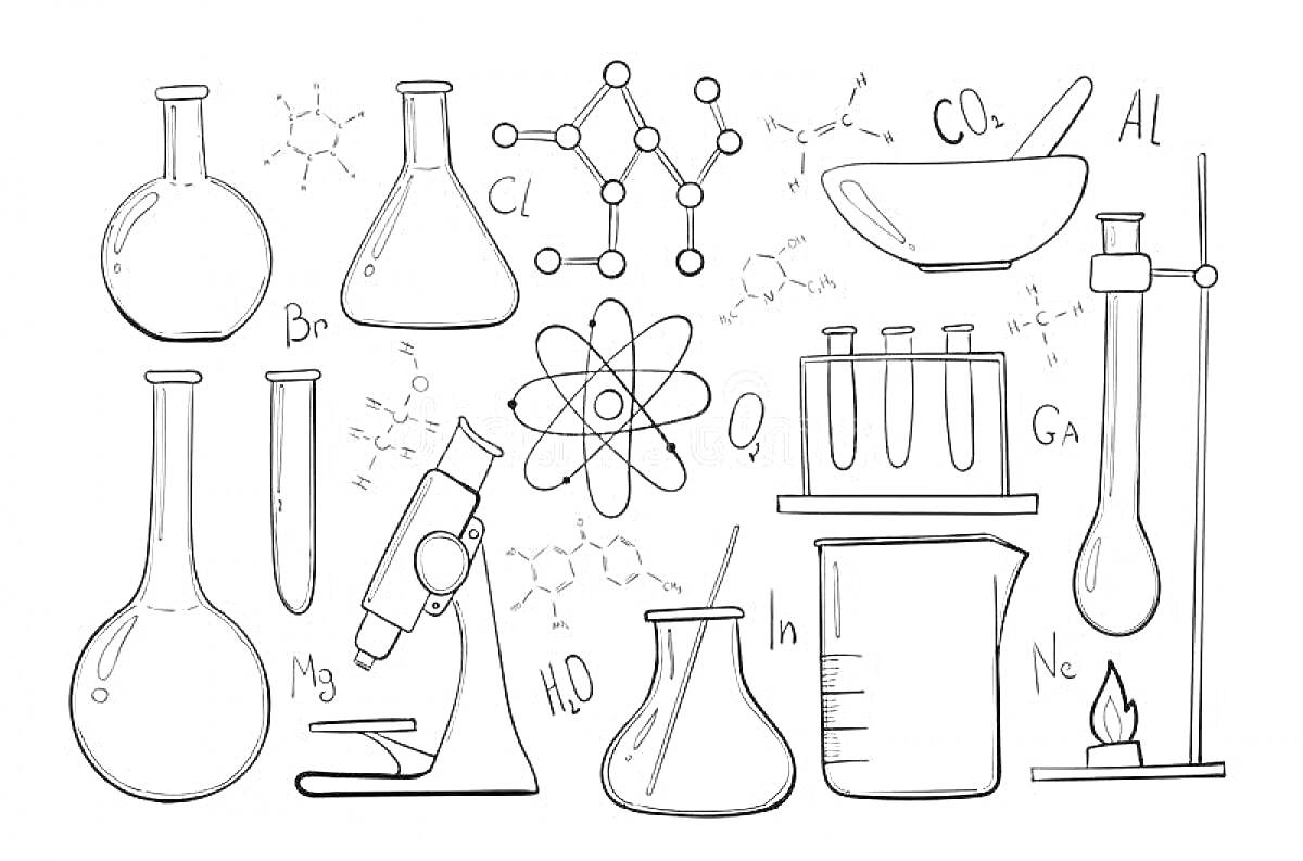 На раскраске изображено: Лаборатория, Химия, Колба, Пипетка, Молекулы, Атом, Микроскоп, Химические элементы, Символы, Наука, Эксперименты, Пробирки