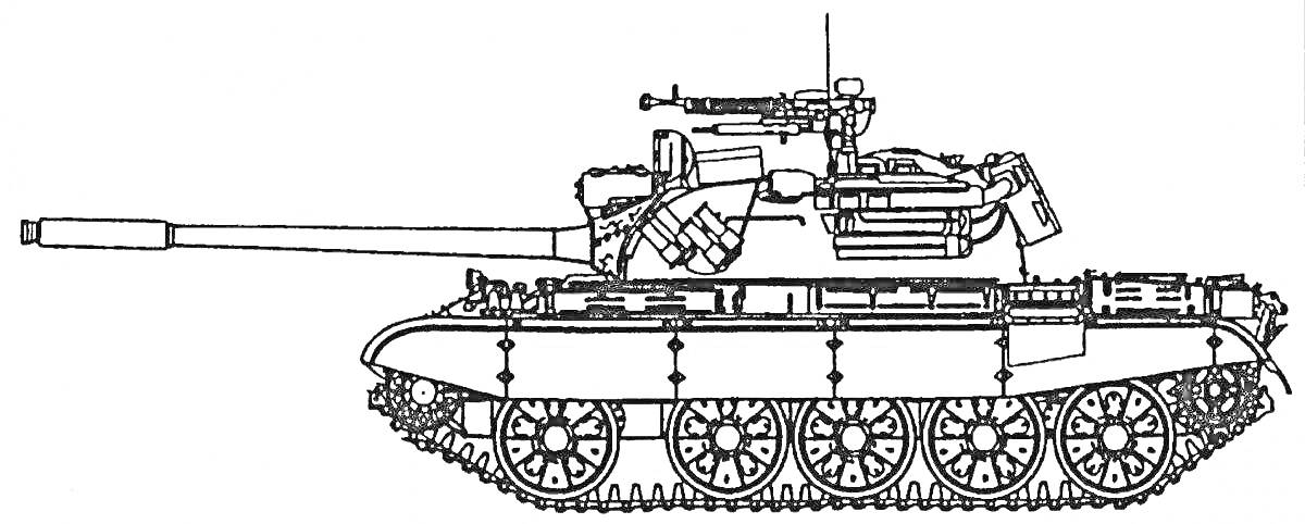 Схематическое изображение танка Т-35 с пушкой и пулемётом на башне, выдвинутым вперёд стволом, гусеницами с видимыми катками и вспомогательным оборудованием.