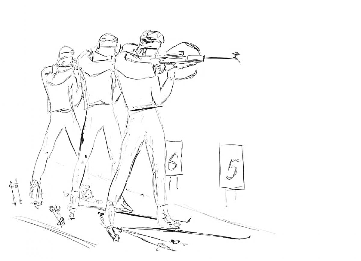Раскраска Биатлон, три спортсмена на лыжах с винтовками на стрельбище с мишенями 5 и 6