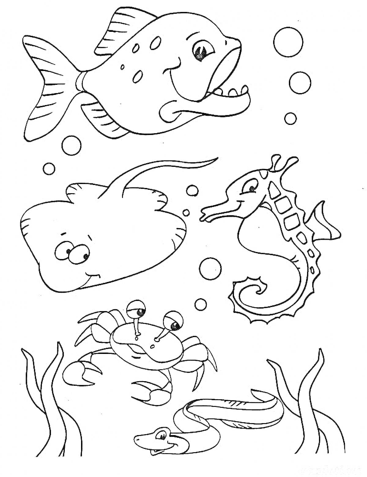 На раскраске изображено: Морской мир, Рыба, Скат, Морской конек, Краб, Угорь, Водоросли, Подводный мир, Животные, Море, Иллюстрация