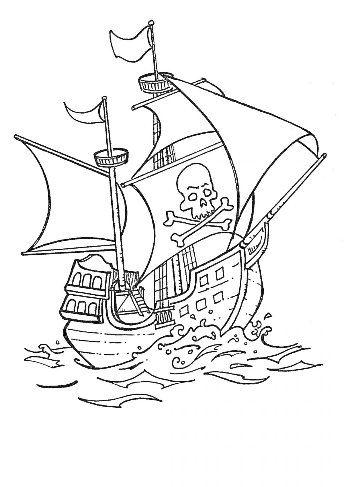 На раскраске изображено: Корабль, Мачта, Флаг, Череп, Кости, Волны, Море, Вода