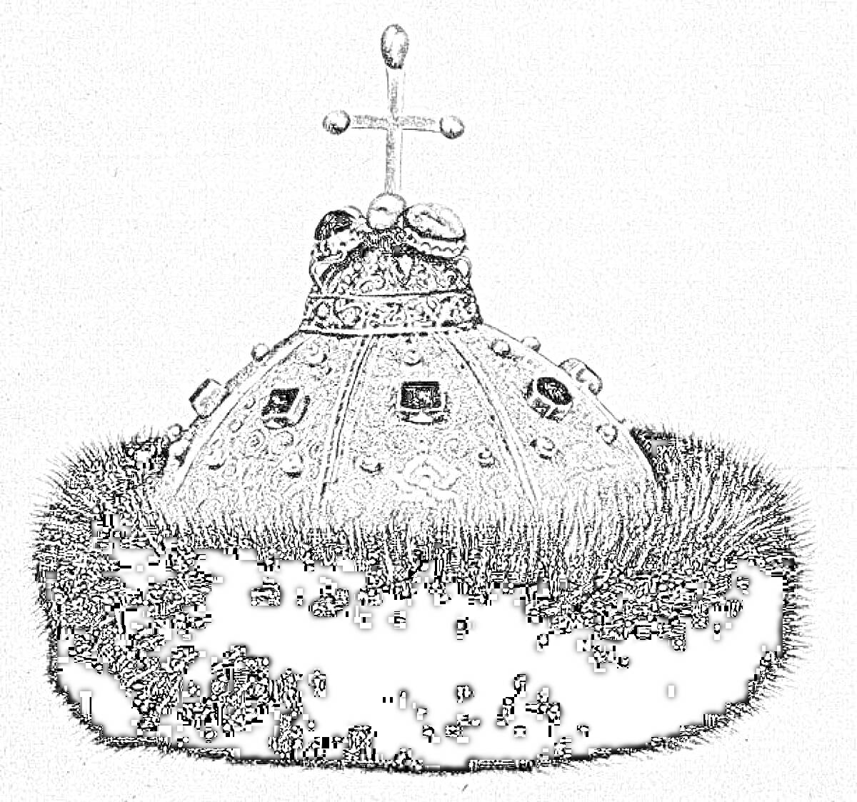 Раскраска Шапка Мономаха с крестом, драгоценными камнями и меховой опушкой