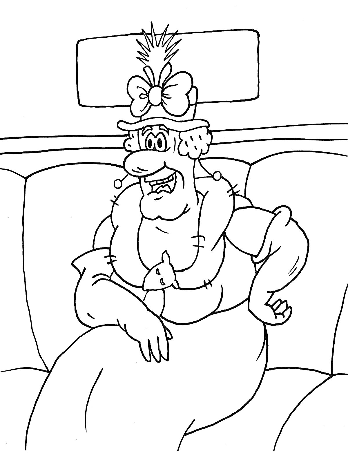 Раскраска Женщина в шляпе с бантом, сидящая на диване