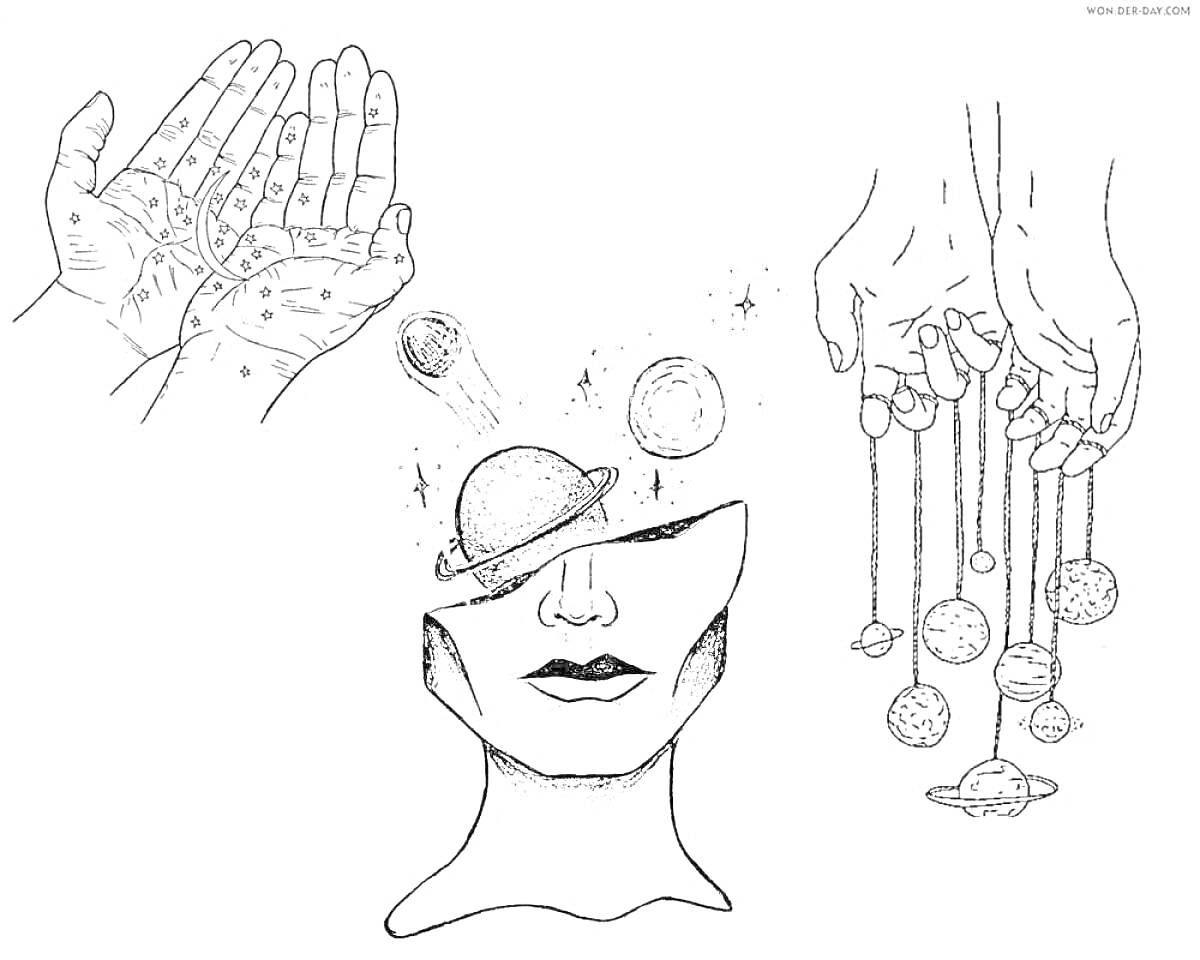 На раскраске изображено: Эстетика, Руки, Капли, Планеты, Космос, Лицо, Голова, Звезды, Абстракция