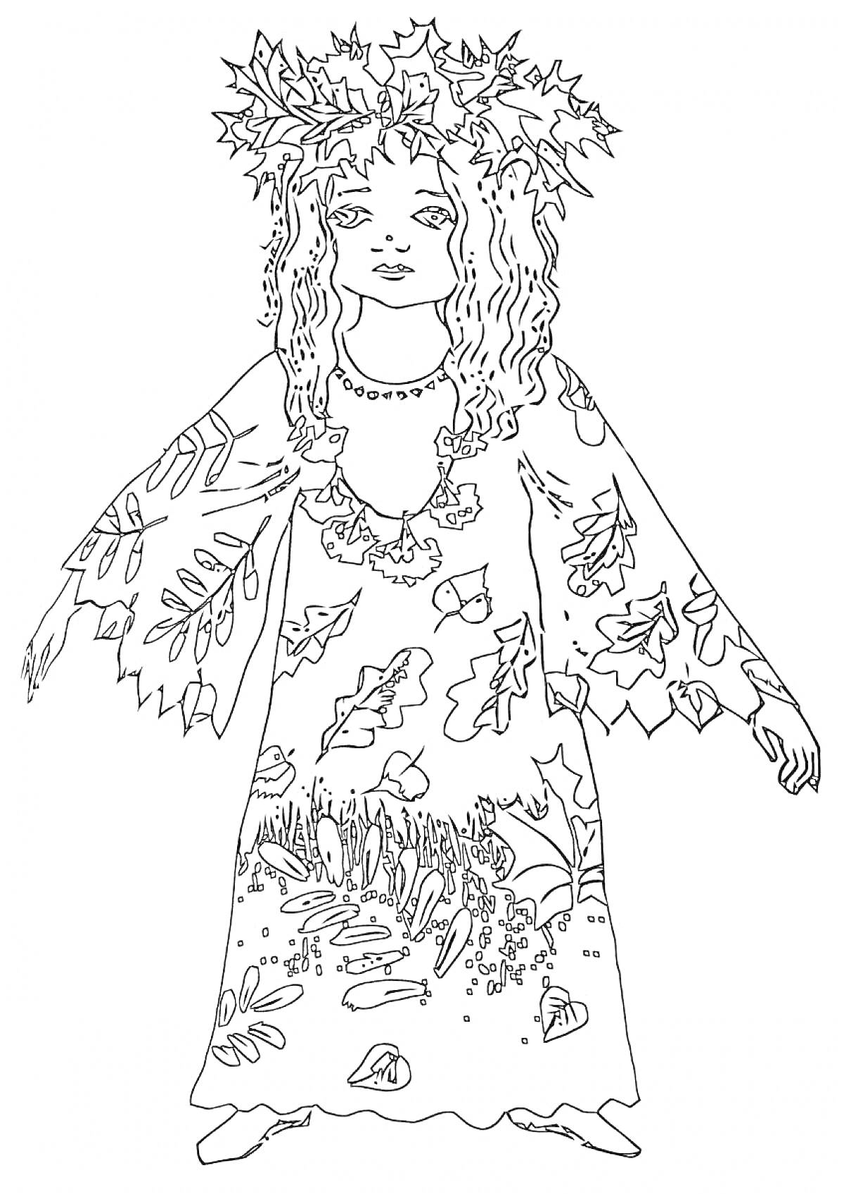 Кикимора в платье с листьями и венком из листьев на голове