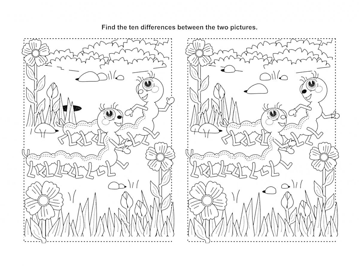 Раскраска Найди отличия для детей с гусеницей, двумя муравьями и цветами на лугу