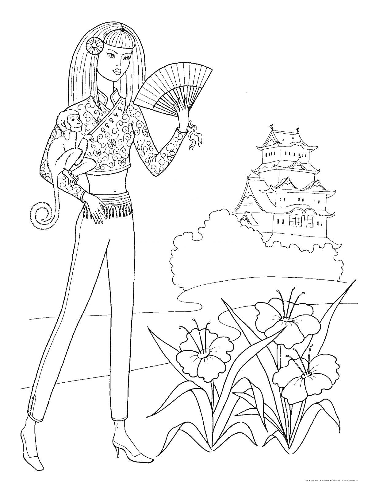 На раскраске изображено: Девочка, Веер, Цветы, Лилии, Природа