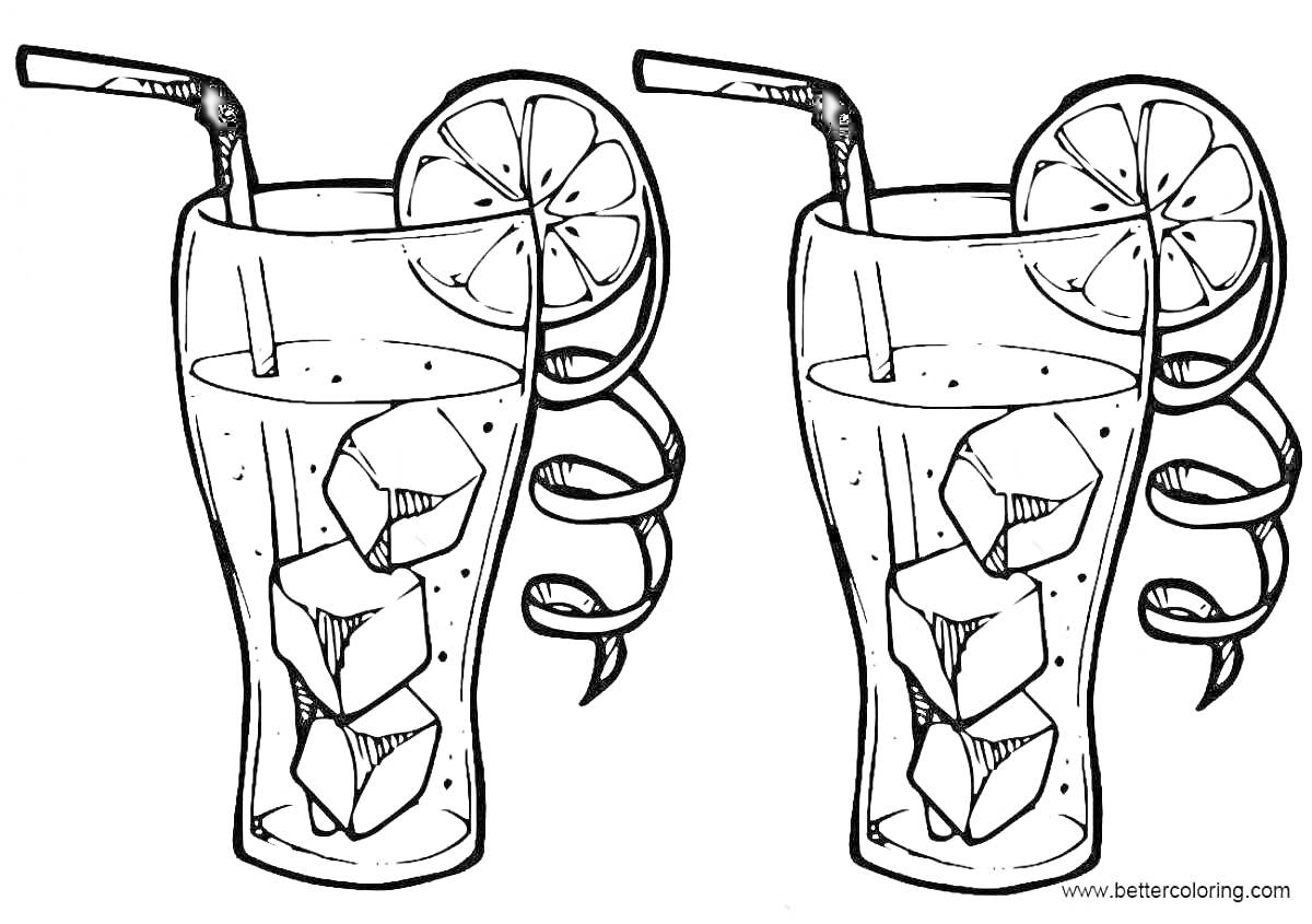 Раскраска Два стакана лимонада с соломинками, дольками лимона и кубиками льда