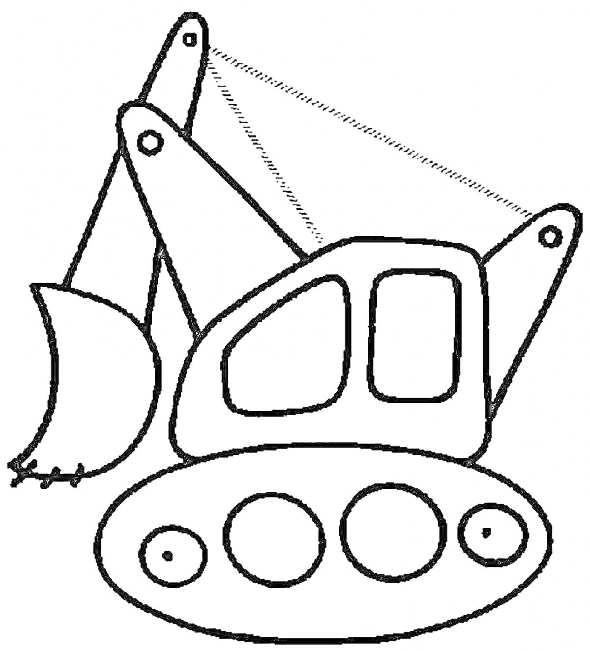 Раскраска Экскаватор с ковшом и гусеницами, кабина и подъемная стрела