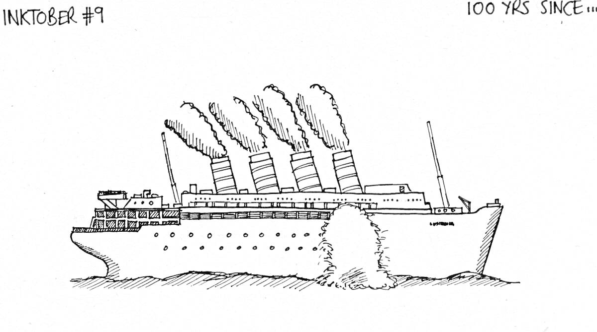 Раскраска Черно-белое изображение корабля с четырьмя дымовыми трубами в океане, надпись 